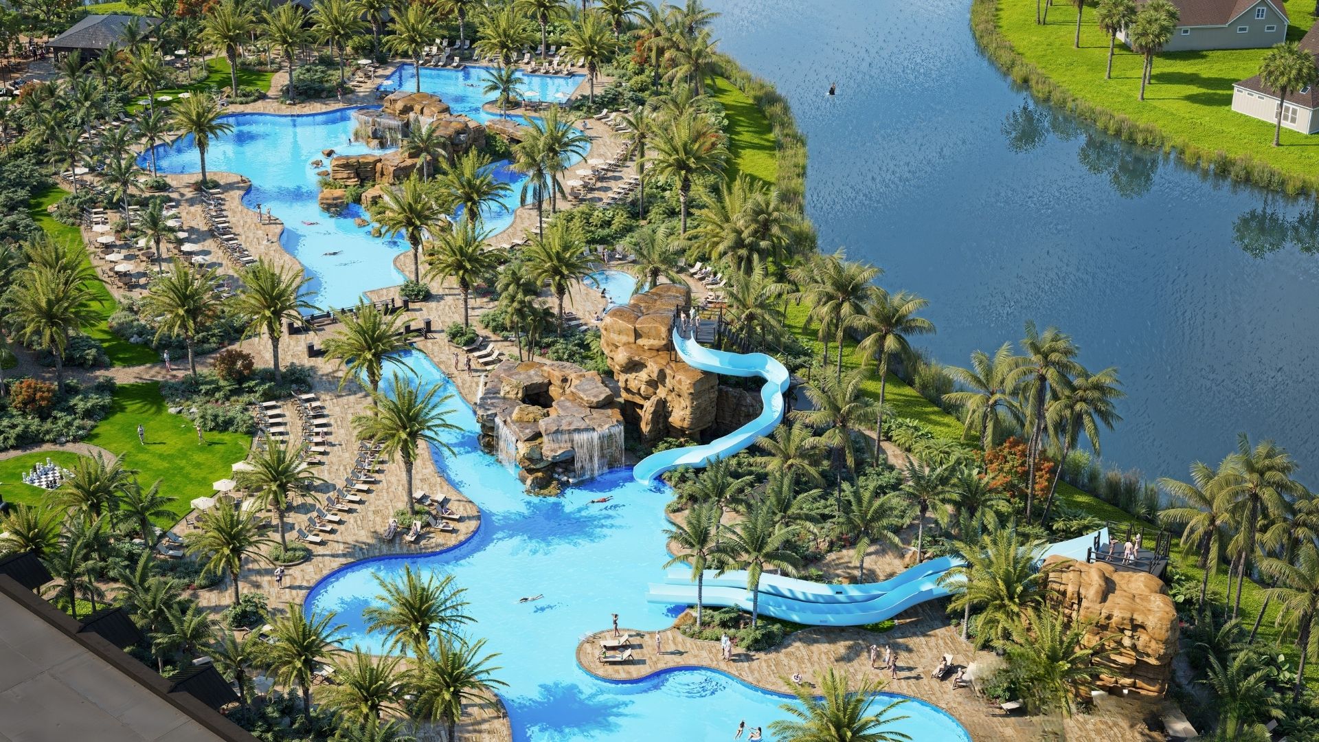 Kingston South resort-style pool rendering with palm trees and lounge seating